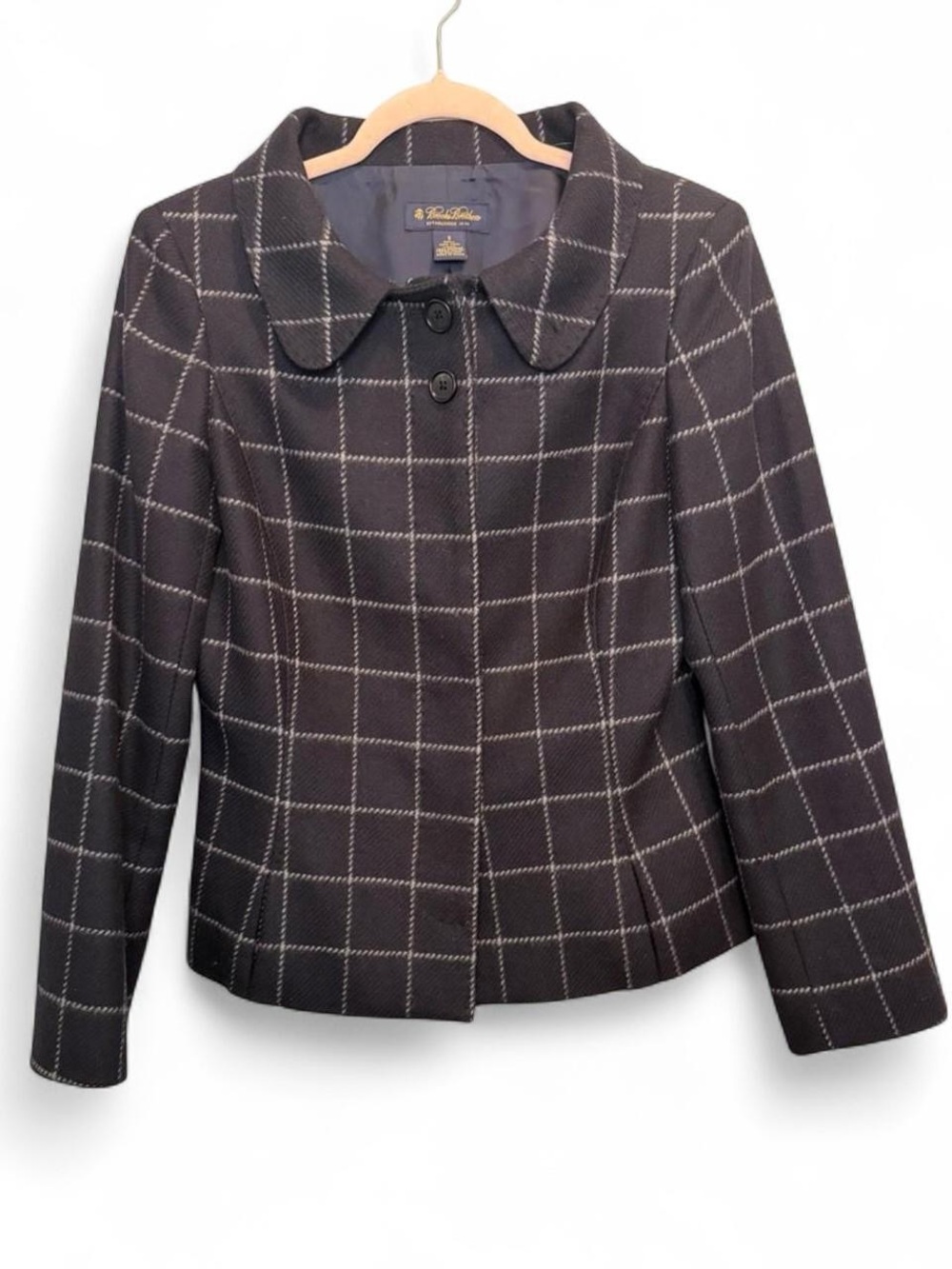 Brooks Brothers 100% Wool Bemberg Lining Windowpane Peter Pan Collar Jacket 8